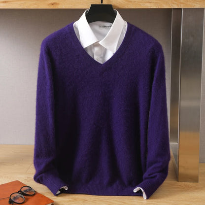 Men’s 100% Pure Mink Cashmere Sweater – V-Neck Knit Pullover, Long Sleeve Winter Jumper, Large Size High-End Top