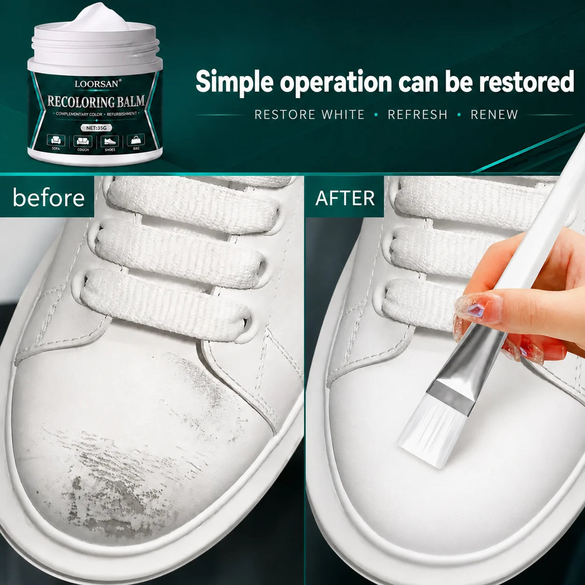 White Leather Shoe Recoloring Paste 35g - Sneaker Edge Touch-Up Balm with Brush for Stains, Scratches, and Oxidation Marks