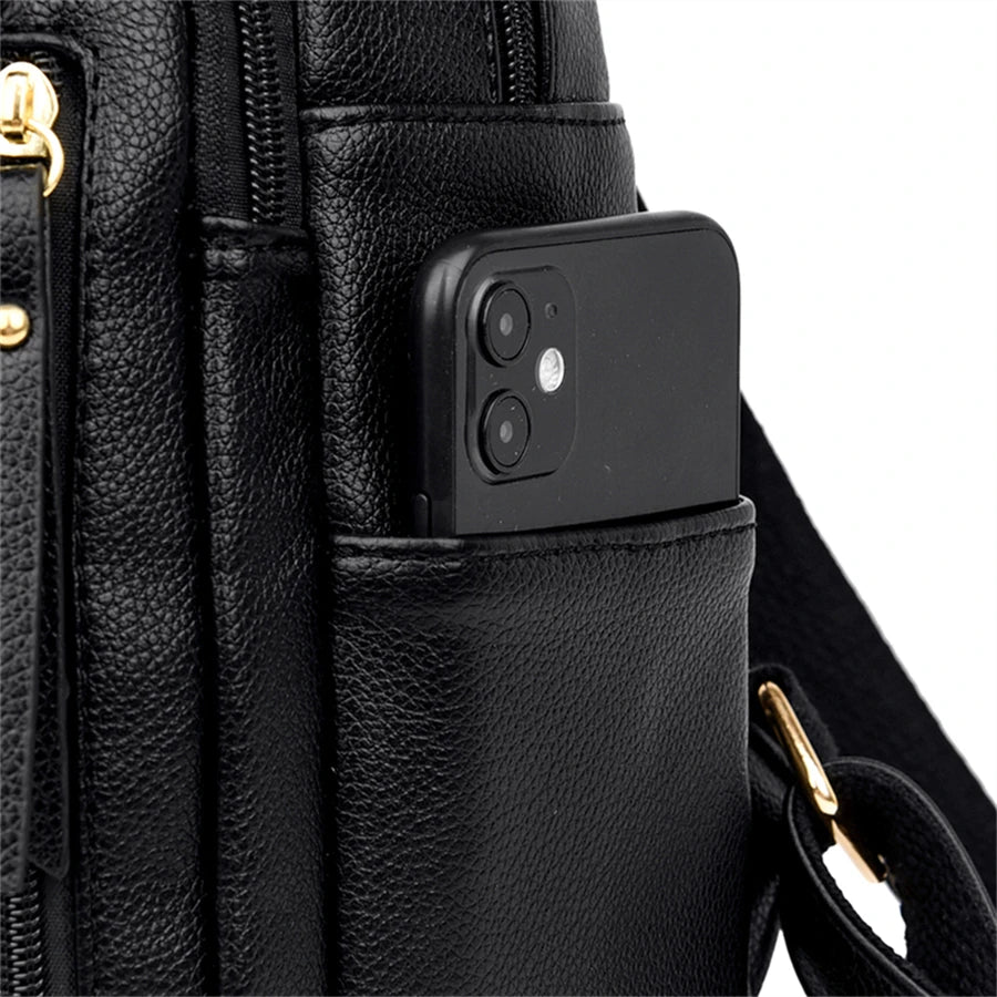 Luxury Leather Backpack for Women - Vintage Black Daypack, Casual School Bag for Girls, Mochila Rucksack Style