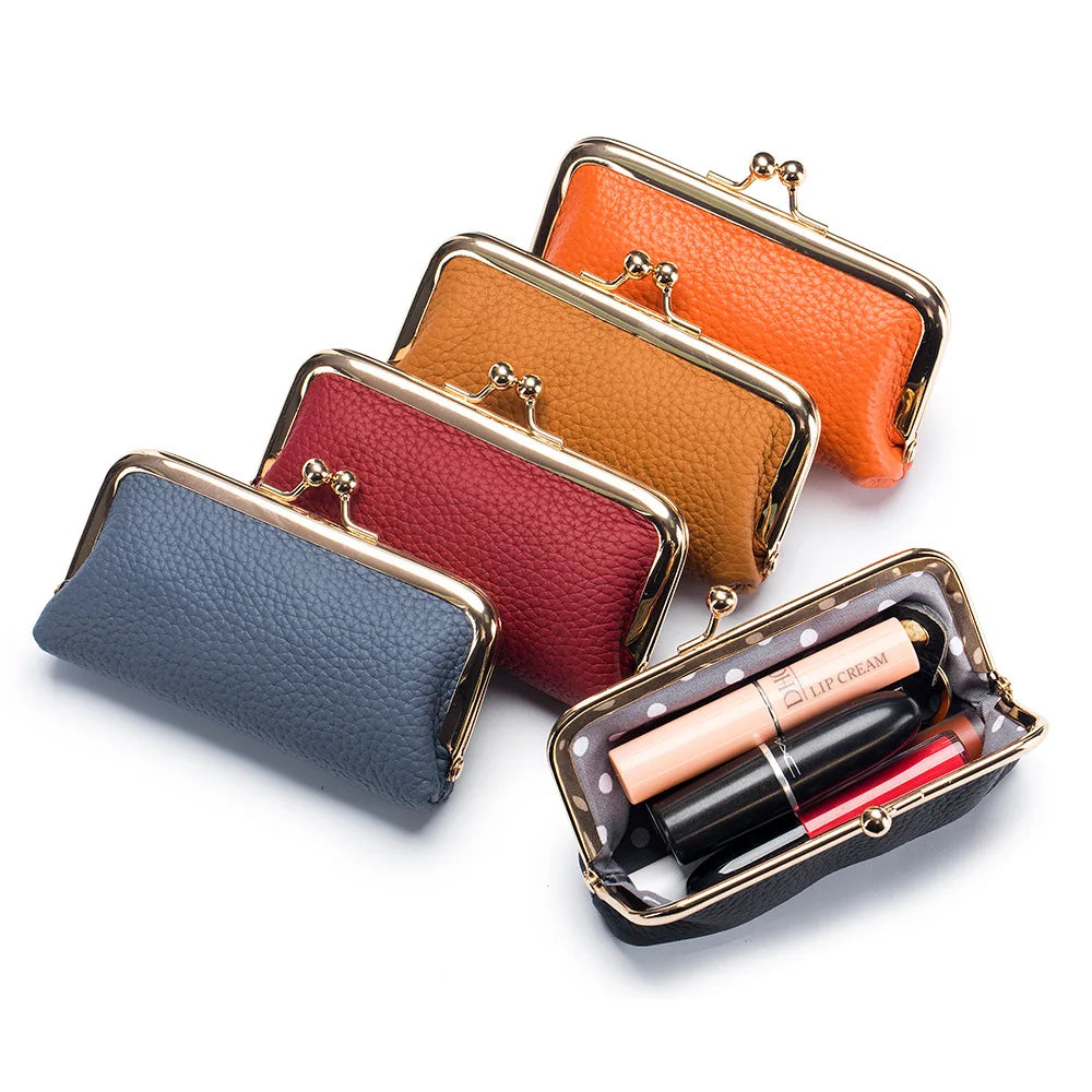Genuine Leather Clip Wallet Bag – Cowhide Small Handbag for Coins, Car Keys, Lipstick & Earphone Storage, Women’s Pouch Case