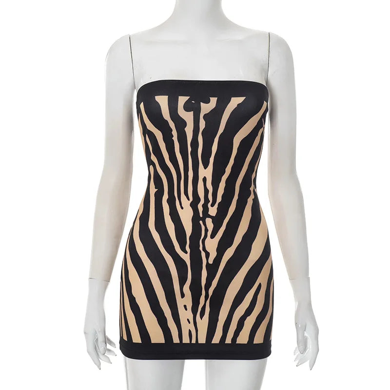 Zebra Stripe Strapless Mini Dress - Women's Backless A Line Bodycon Sleeveless Autumn Winter Outfit
