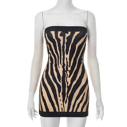 Zebra Stripe Strapless Mini Dress - Women's Backless A Line Bodycon Sleeveless Autumn Winter Outfit