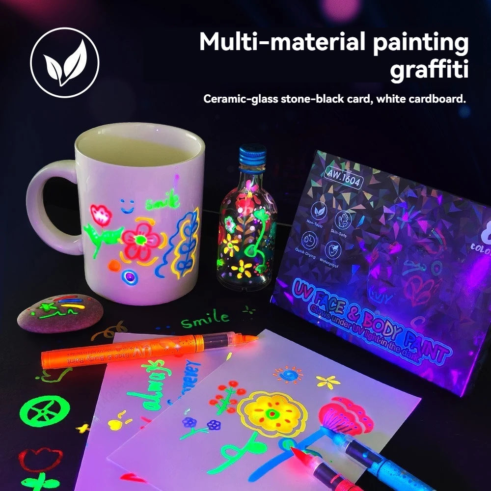 8-Color Neon UV Acrylic Paint Pens - Fluorescent Glow-in-the-Dark Markers for DIY Art & Crafts