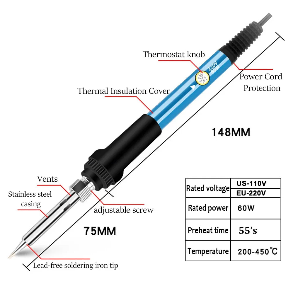 60W Adjustable Temperature Soldering Iron - 110V/220V Electric Welding Iron for DIY & Electronics Repair