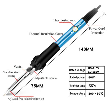 60W Adjustable Temperature Soldering Iron - 110V/220V Electric Welding Iron for DIY & Electronics Repair