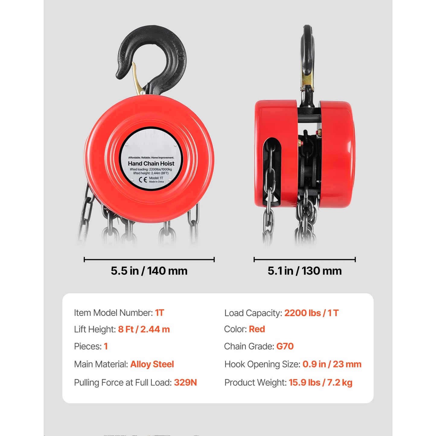 SucceBuy Manual Chain Hoist - 1T/2T Hand Chain Block with 8/10/20 ft Lifting Height for Garage & Warehouse