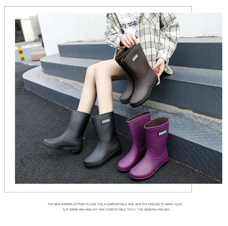 Women’s Four-Season Waterproof Rain Boots – Mid-Tube Non-Slip Rubber Shoes with Cotton Lining for Outdoor Fashion