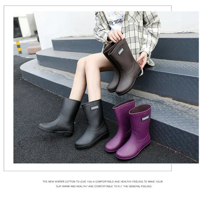 Women’s Four-Season Waterproof Rain Boots – Mid-Tube Non-Slip Rubber Shoes with Cotton Lining for Outdoor Fashion