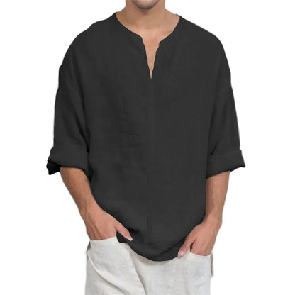Men’s Cotton Linen V-Neck T-Shirt - Lightweight Breathable Long Sleeve Casual Solid Color Comfort Top