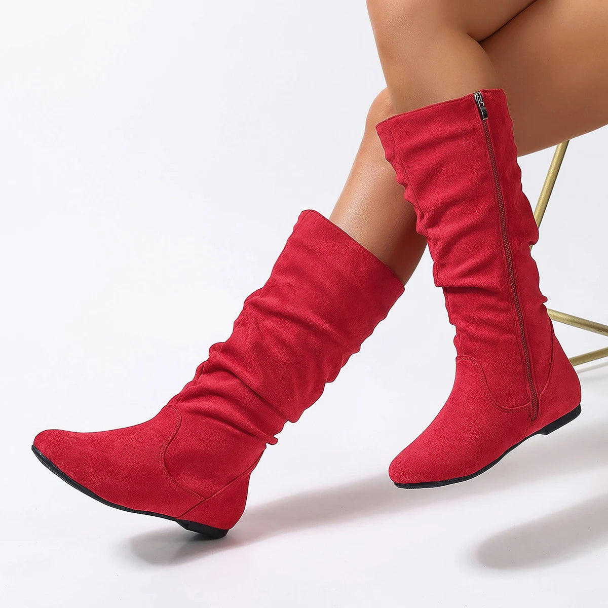 Pleated PU Women’s Fashion Boots – Casual Side-Zip Round Toe Flat High Solid Color Boots