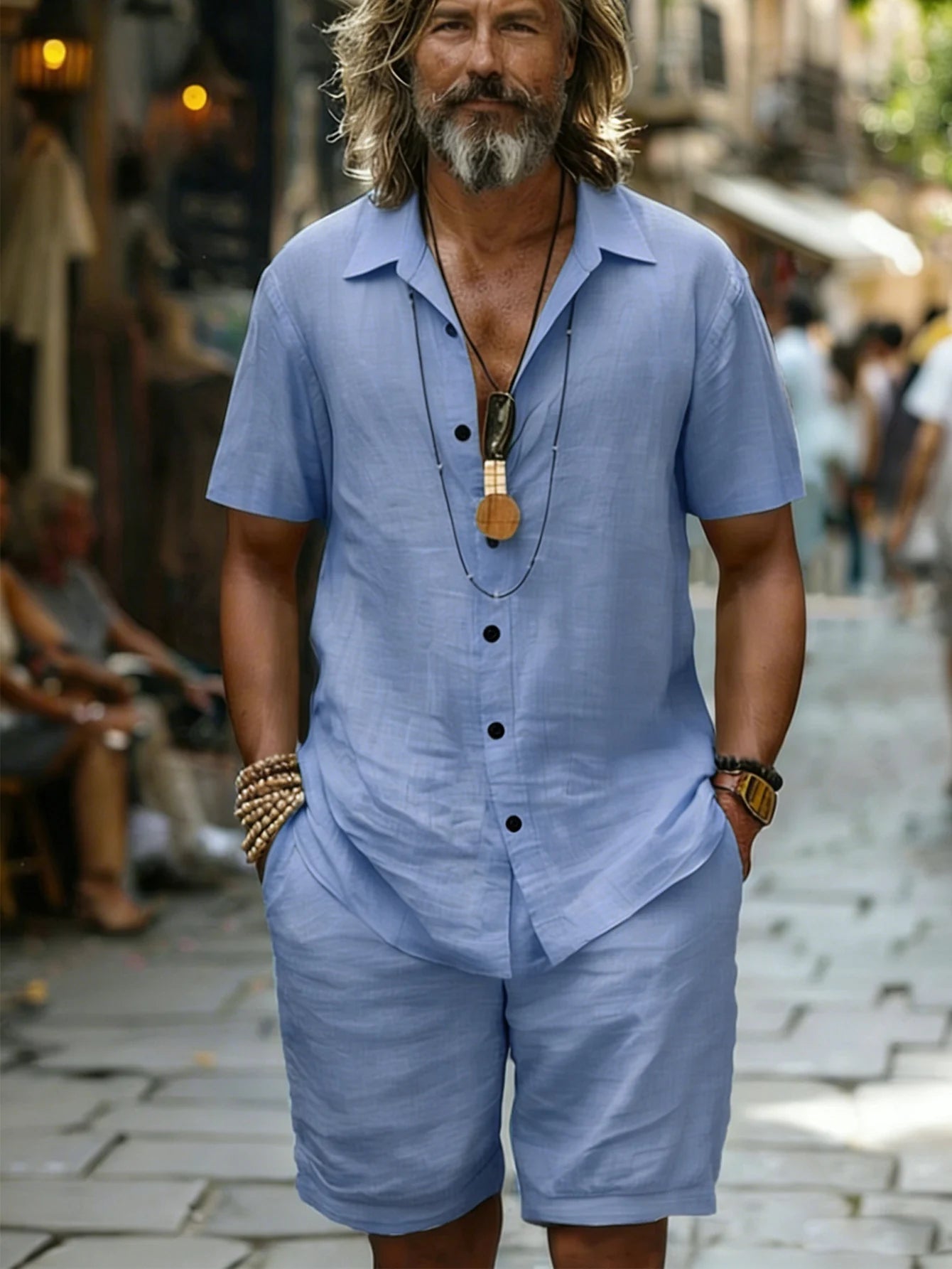 Men’s Cotton Shirt & Shorts Set - Short Sleeve Loose Fit Summer Beach Casual Two Piece Outfit