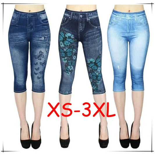 Women's Faux Denim Print Leggings - High-Waisted Stretch Cropped Pants for Casual & Outdoor Wear