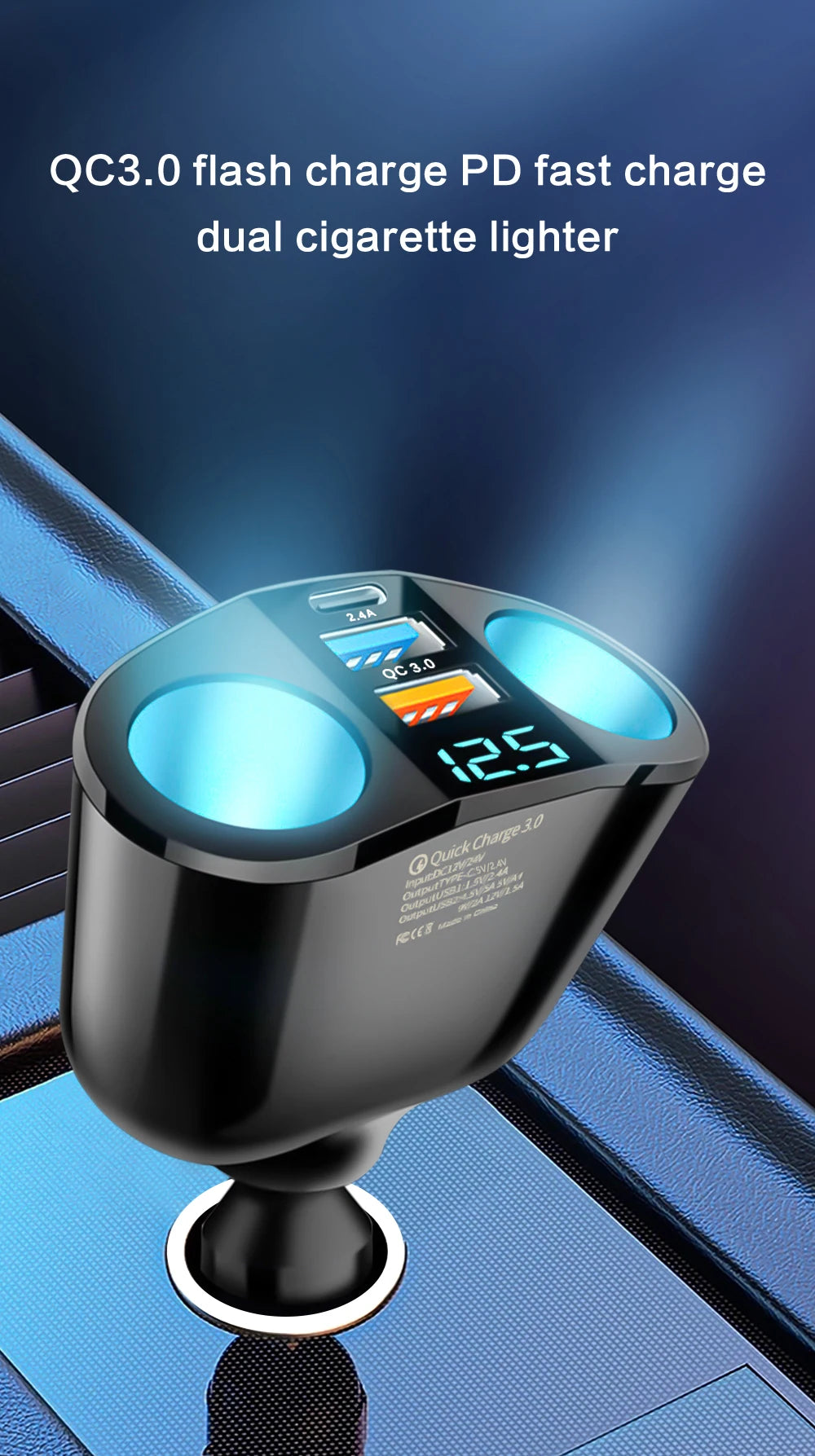 Dual-Port Car Charger Adapter – Digital Display, Simultaneous Charging for Multiple Devices