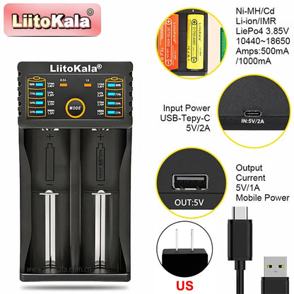 LiitoKala Lii-202 Battery Charger – Multi-Voltage 1.2V/3.7V Charging for 18650, 21700, 20700, 26650, 14500, 16340 NiMH & Li-Ion Batteries