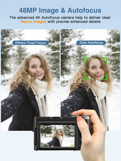 4K Digital Camera – 48MP Photography & Video, Autofocus, Anti-Shake, 3'' 180° Flip Screen with Flash, Compact Vlogging Camera