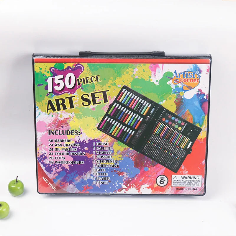 150PCS Children's Art Brush Set – Painting Stationery Kit with Oil Paint, Watercolor Pens, Crayons & Pencils in Gift Box