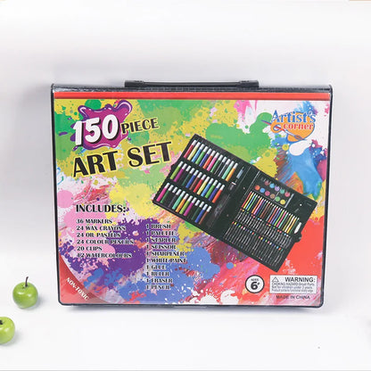 150PCS Children's Art Brush Set – Painting Stationery Kit with Oil Paint, Watercolor Pens, Crayons & Pencils in Gift Box