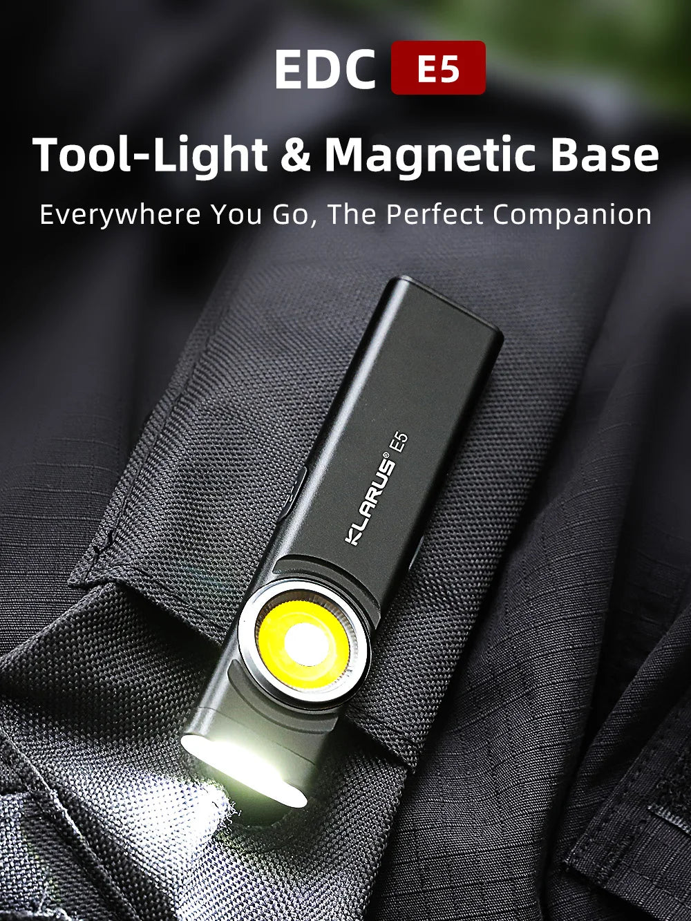 Klarus E5 COB Flashlight – Magnetic Dual Light Torch with 8 Lighting Modes, USB-C Rechargeable EDC Strobe for Emergency Use