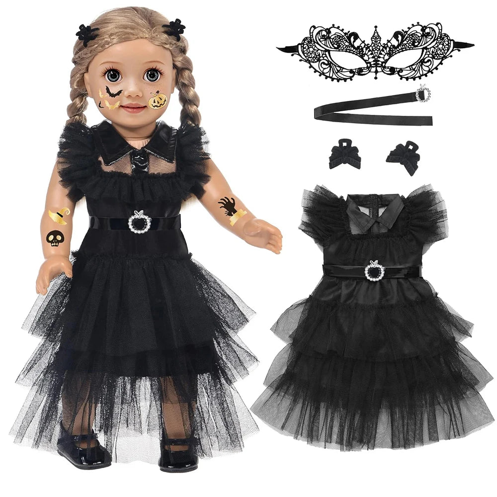 18-Inch Girl Doll Halloween Dress – Wednesday Outfit for 43–45cm American Girl Dolls, Skirt & Toy Gift Set