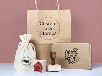 Custom Wooden Logo Stamp – Personalized Self-Inking Rubber Stamp for Wedding, Party, Packaging, Company Name & Address