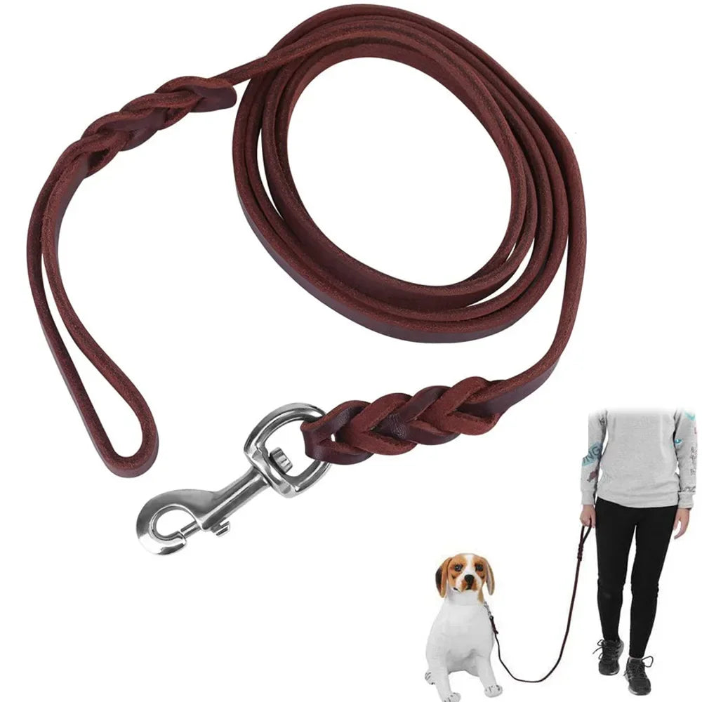 Genuine Leather Dog Leash – Braided Walking & Training Lead for Medium & Large Dogs, Brown & Black