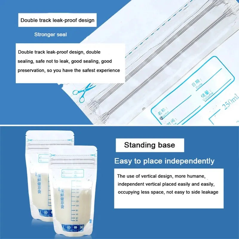 250ml Breastmilk Storage Bags: Self-Standing Baby Food Containers - Leak-Free Milk Freezer Bags, BPA-Free, Pack of 30