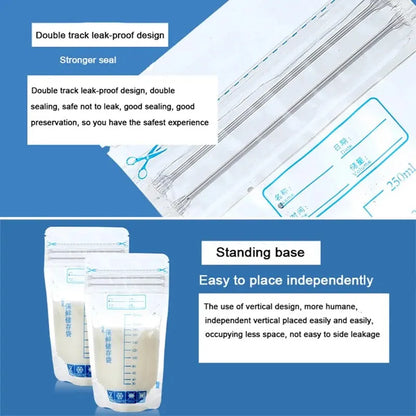 250ml Breastmilk Storage Bags: Self-Standing Baby Food Containers - Leak-Free Milk Freezer Bags, BPA-Free, Pack of 30
