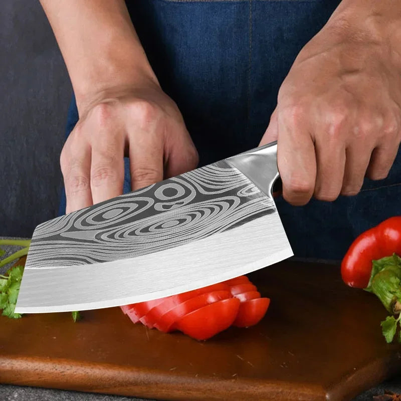 Stainless Steel Cleaver Kitchen Knife – Wooden Handle Utility Knife for Slicing Fish, Vegetables & Meat