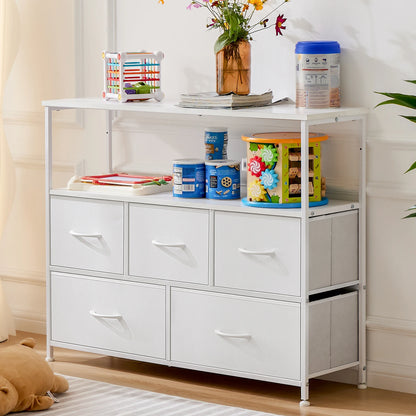Fireplace TV Stand Dresser — Bedroom Storage Cabinet with 5 Fabric Drawers for Clothes & Display Furniture