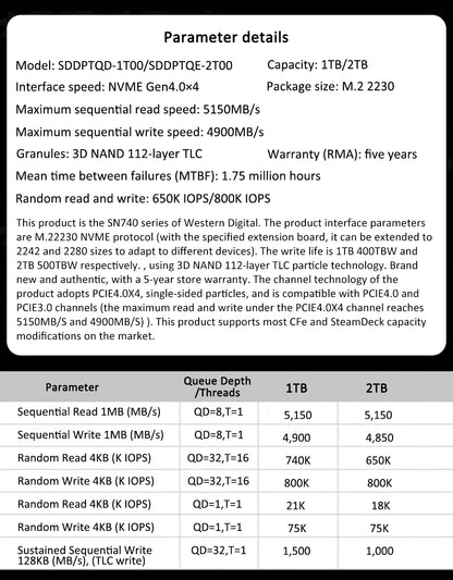Western Digital WD SN740 1TB/2TB SSD – M.2 2230 Gen4 PCIe 4.0x4 NVMe Solid State Drive for Steam Deck & Surface Pro X