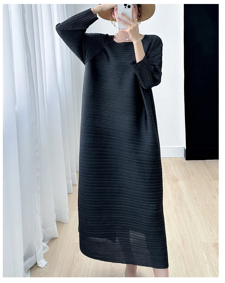 2023 Women's Miyake Pleated Long Dress – Full Sleeve, Round Neck, Korean Fashion, Plus Size Summer Style