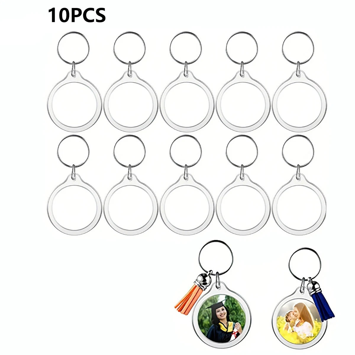 Transparent Photo Frame Keychain - Acrylic Snap-In Custom Picture Pendant with Tassel, 10-Piece Set