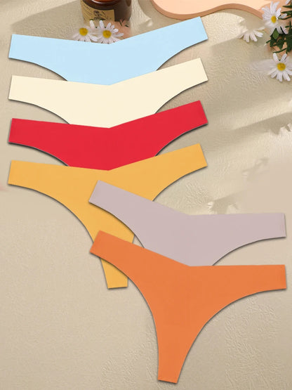 FINETOO 6PCS Women’s Ice Silk Seamless Thongs – Sexy V-Waist Low Rise Sport Panties, Breathable G-String in 10 Solid Colors