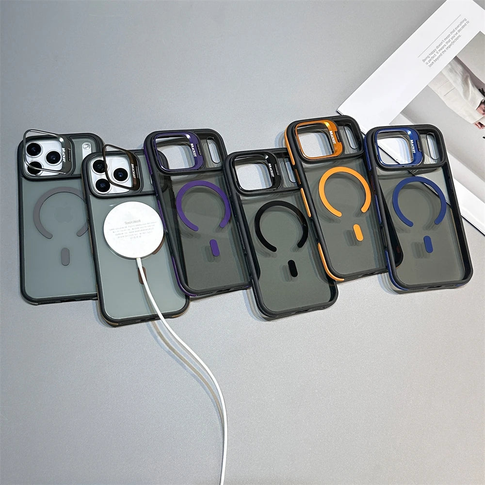 Luxury Matte Transparent MagSafe Kickstand Case — Magnetic Stand Cover for iPhone 11–17 Air, Plus, Pro Max
