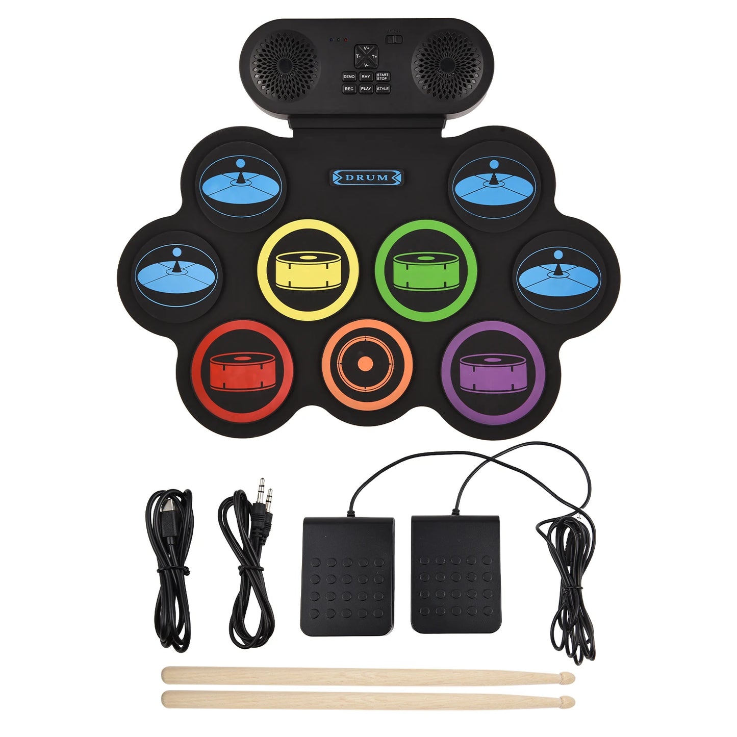 9 Pad Electronic Roll Drum Set - Portable DTX Gaming Drum Kit with Bluetooth Dual Speakers, 7 Styles, 6 Rhythms & Demo Songs