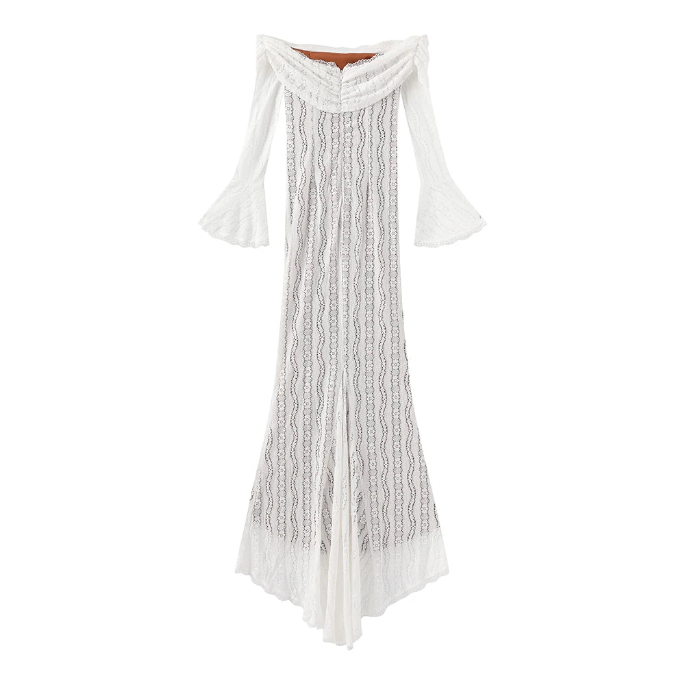 Suninheart White Off-Shoulder Bodycon Dress – 2025 Elegant Lace Long Sleeve Maxi Dress for Women, Wedding Guest Outfit