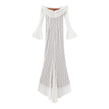 Suninheart White Off-Shoulder Bodycon Dress – 2025 Elegant Lace Long Sleeve Maxi Dress for Women, Wedding Guest Outfit