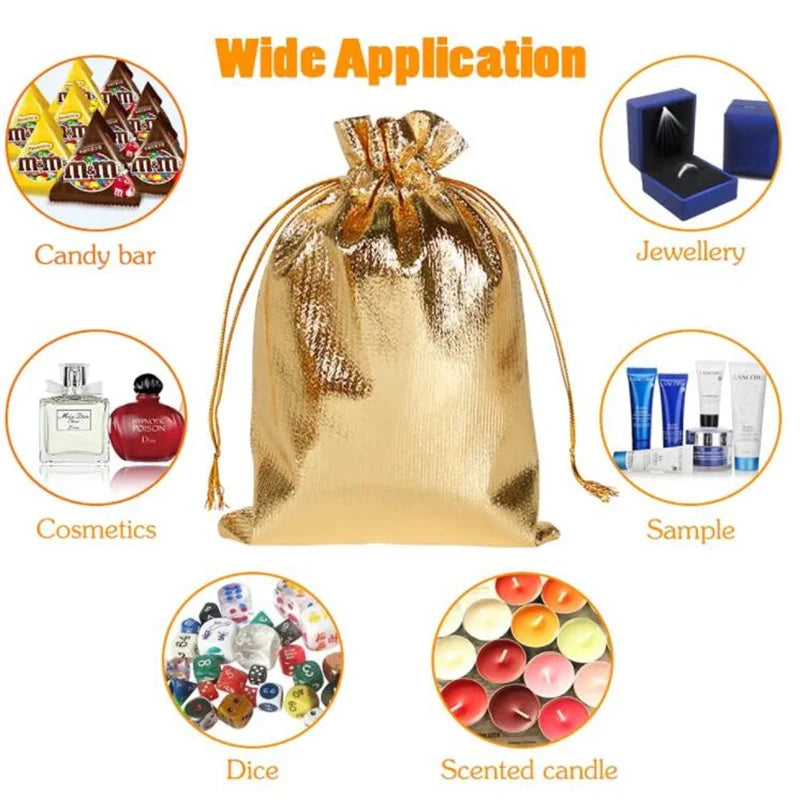 50pcs Gold Drawstring Bags – Jewelry, Candy, and Gift Pouches for Small Business Packaging