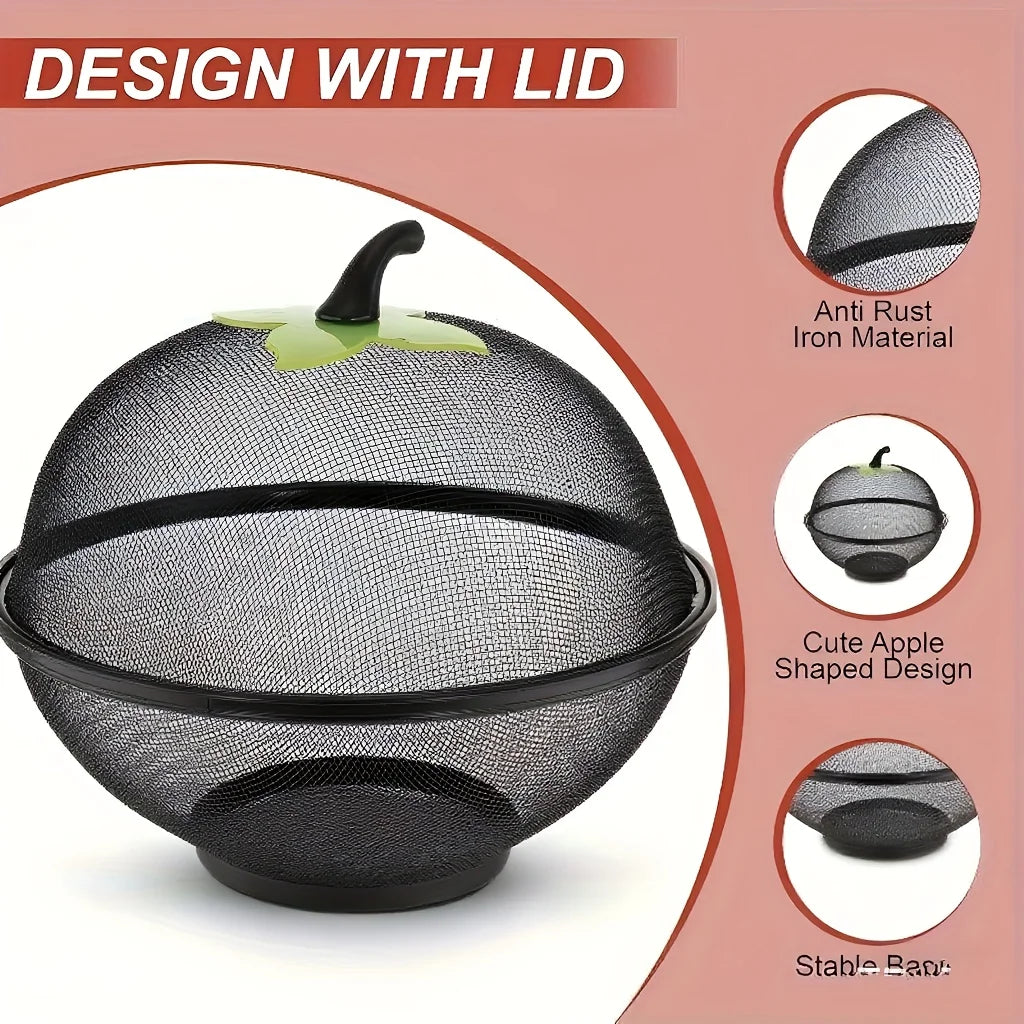 Metal Fruit Basket with Mesh Cover - Kitchen Storage Rack for Home & Outdoor Use