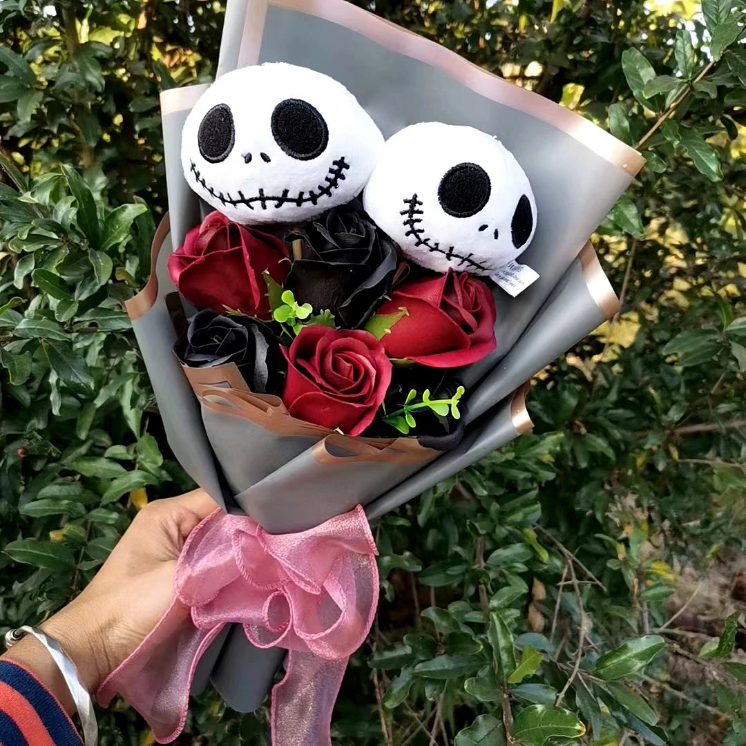 Halloween Jack Skellington Plush Bouquet – Doll Toy with Soap Rose Flower, Terror Skull & Ghost for Christmas & Valentine’s Day Gifts