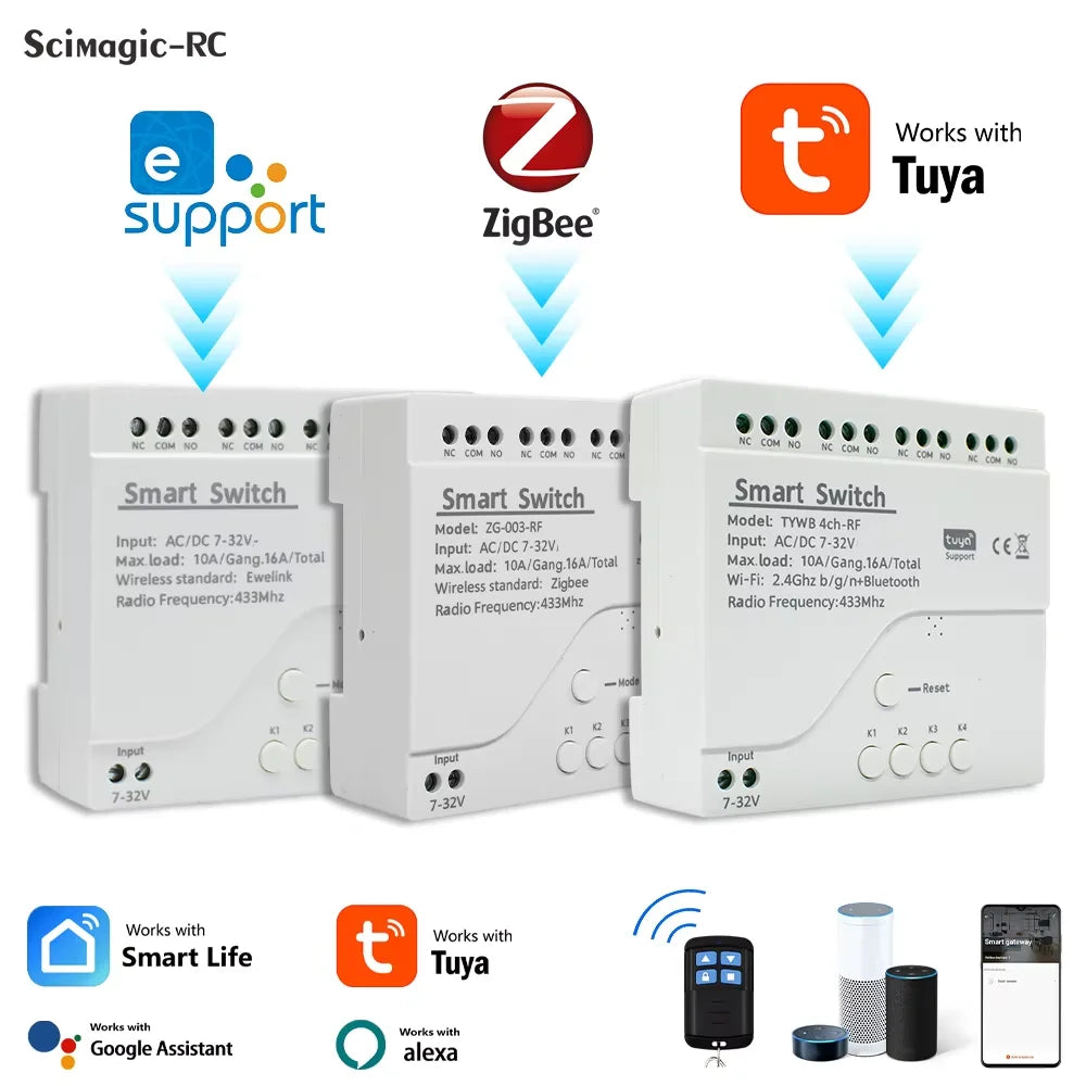 Tuya Zigbee & eWeLink Smart WiFi Module Switch, 4CH Relay 12V/24V/110V/220V RF 433 Remote Control, Works with Alexa & Google Home