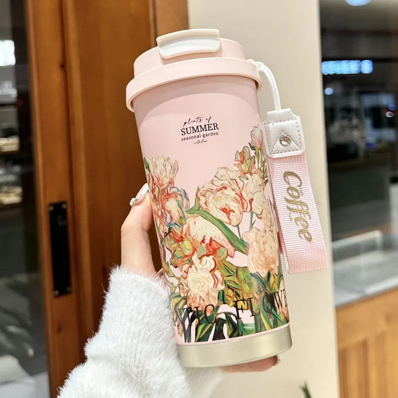 Woman's Flower Coffee Mug 500ml - 316 Stainless Steel Vacuum Flask with Straw & Direct Drinking Insulated Thermal Cup