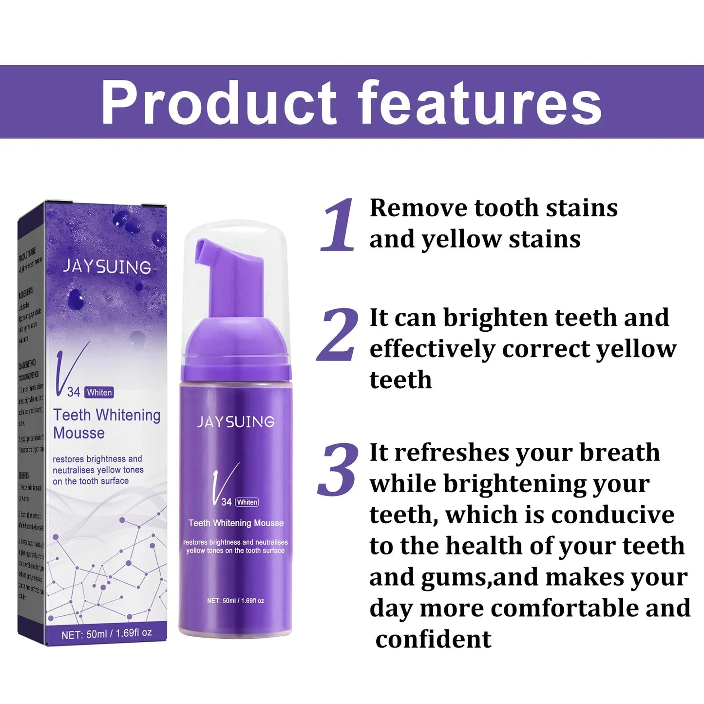 V34 Teeth Whitening Mousse – Color Corrector, Melanin Removal, Stain Cleansing & Tooth Enamel Care Foam Toothpaste