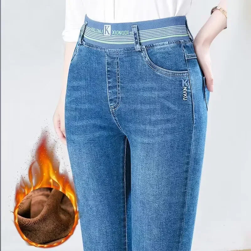 Women's Winter Velvet Stretch Jeans - High Waist Warm Skinny Mom Denim Trousers