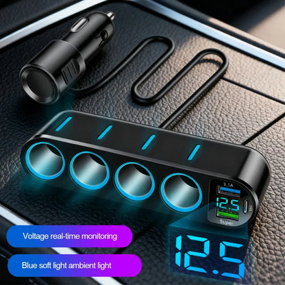 7-in-1 Car Fast Charger Adapter - 12–24V 66W PD Dual USB Cigarette Lighter Splitter with 4 Power Sockets