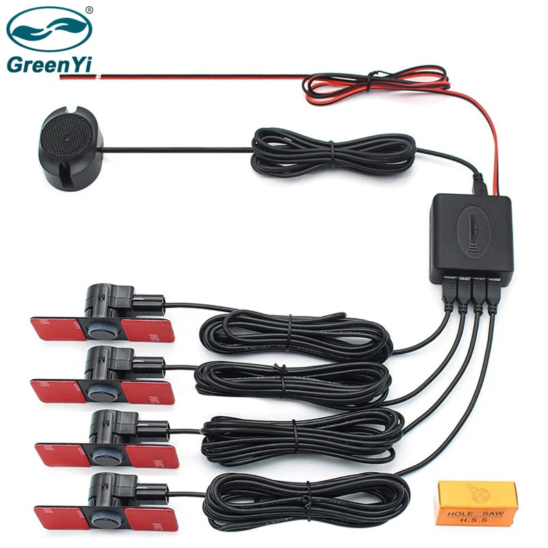 GreenYi Car Parking Sensor System - Parktronics with 4 Flat Sensors (Black/Silver/White, 13mm), Reverse Radar with Buzzer Alarm