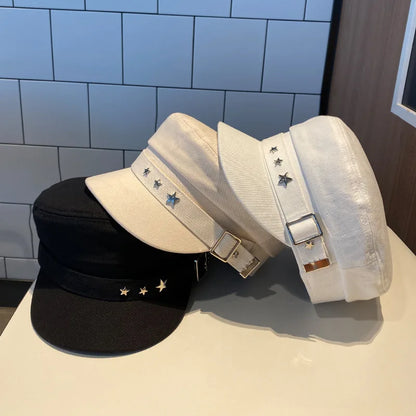 Women's Black Star Beret Hat - Spring & Autumn Military Style, British Retro Fashion, Korean Caps for Mothers