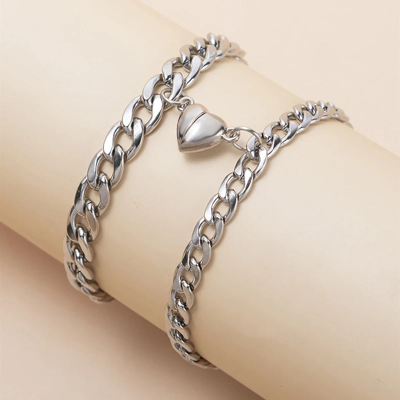 2-Piece Magnetic Couple Bracelet Set - Stainless Steel Heart Charm Cuban Chain Jewelry Gifts