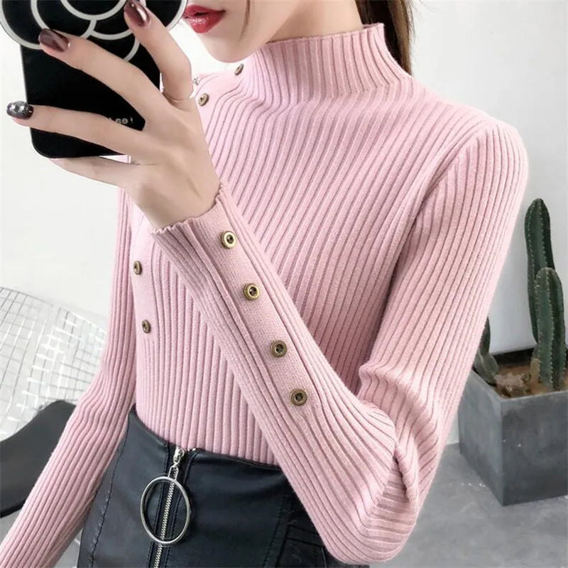 2023 Women's Autumn Knitted Slim Sweater - Solid Cotton Turtleneck with Full Sleeves and Button Detail - Soft Elastic Pullover