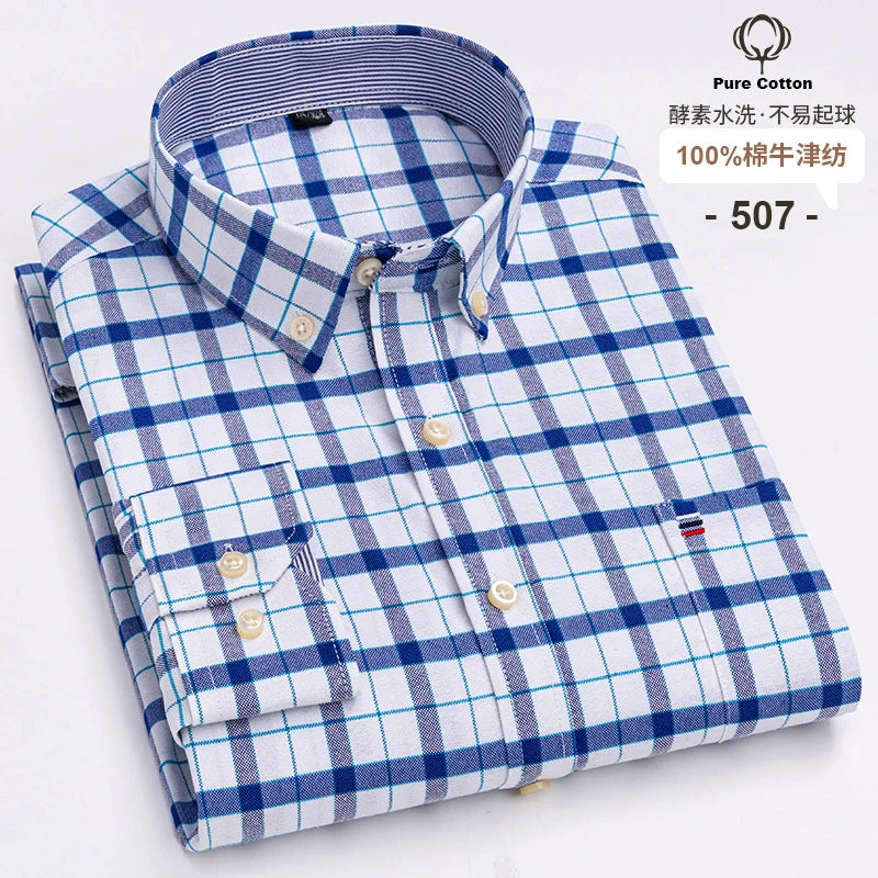 Men's 100% Cotton Oxford Plaid Shirt - Soft Regular Fit Long Sleeve Formal Dress Shirt with Pocket S-7XL